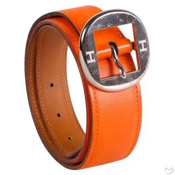 Hermes Orange Leather Belt with Silver Buckle, Size 82 - Picture 1 of 6